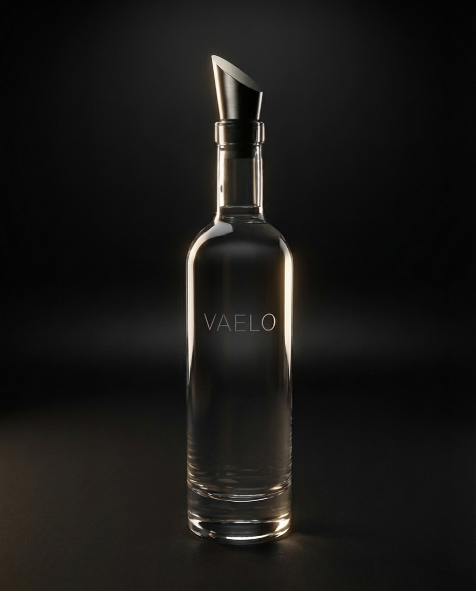 VAELO glass bottle on polished black granite
