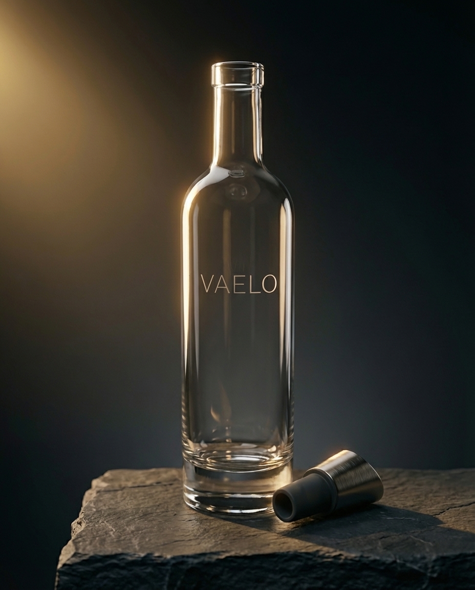 VAELO bottle deconstructed — glass body, stopper, and base