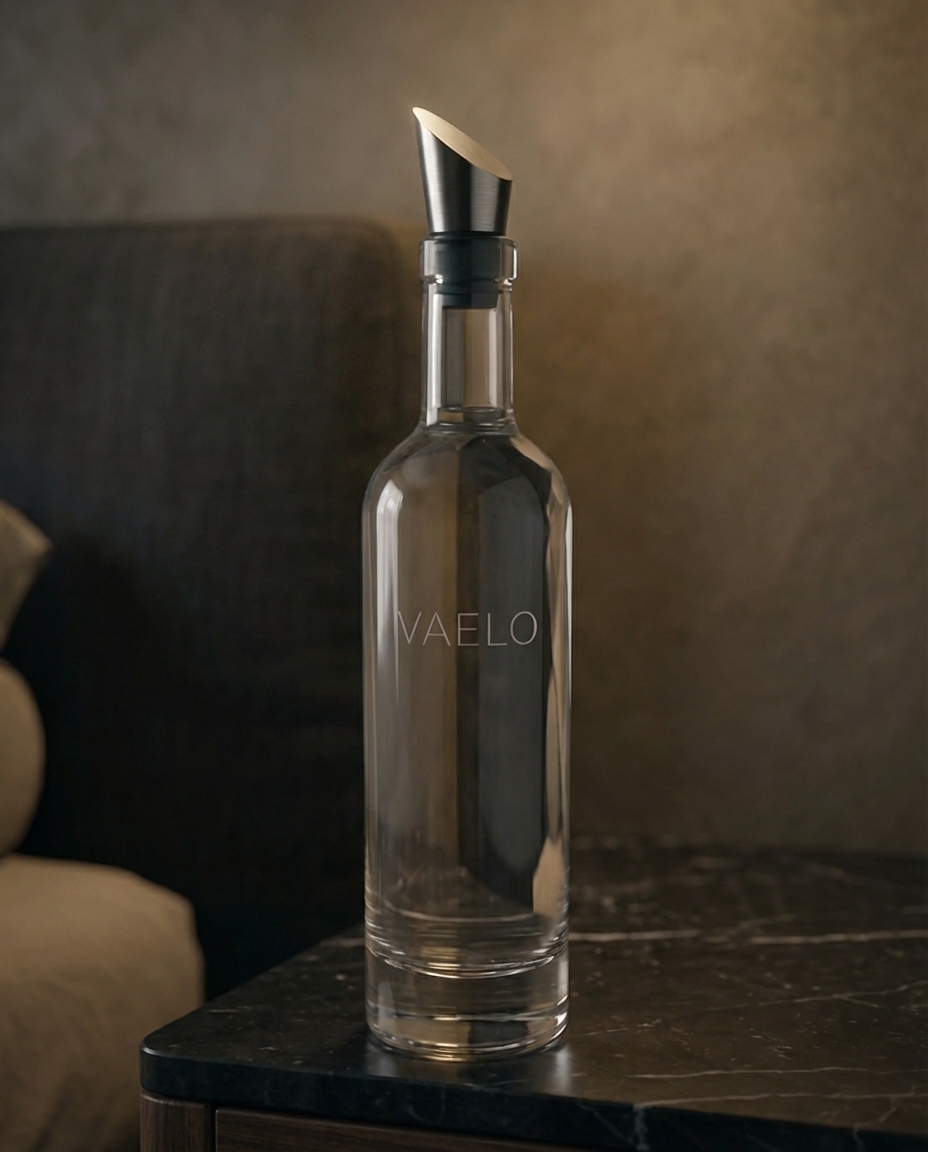 VAELO bottle on bedside table with stopper