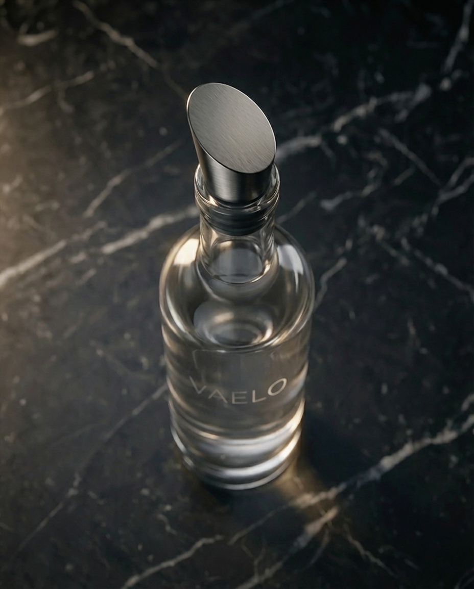VAELO bottle overhead showing stopper geometry and glass clarity